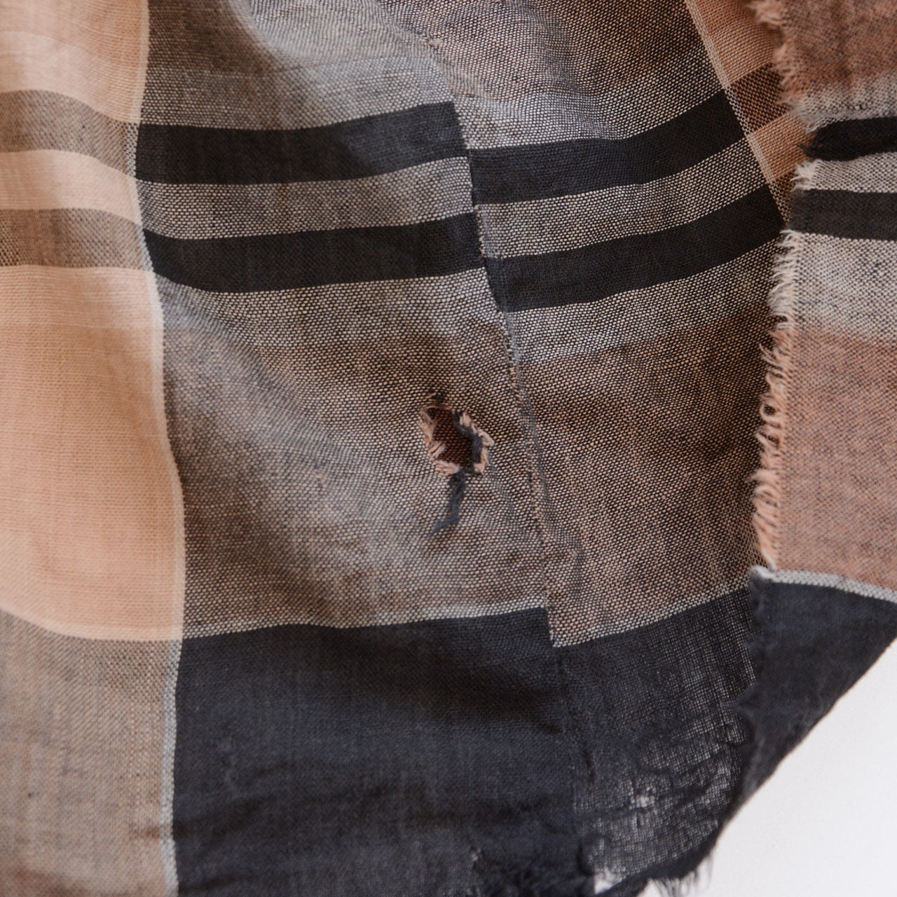 Vintage Japanese cotton futon cover fabric, age-related damage and wear adding character, black camel check, Showa era