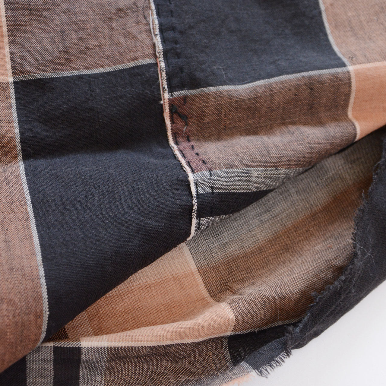 Vintage Japanese cotton futon cover fabric, hand-stitched seam detail, fine handwork visible on black camel check, Showa era toki