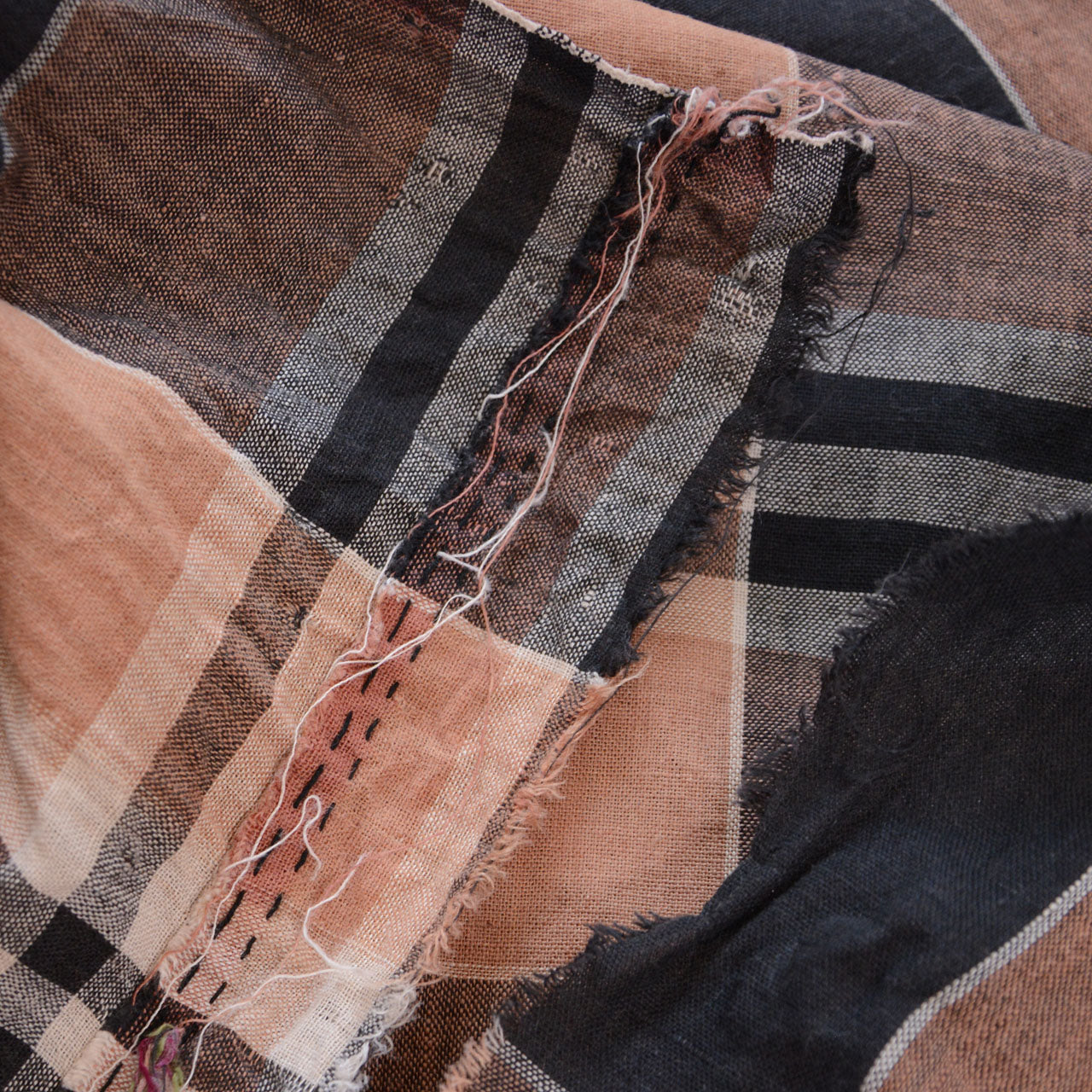 Vintage Japanese cotton check fabric, frayed selvage edge and natural cotton weave texture, black camel and beige plaid, Showa era