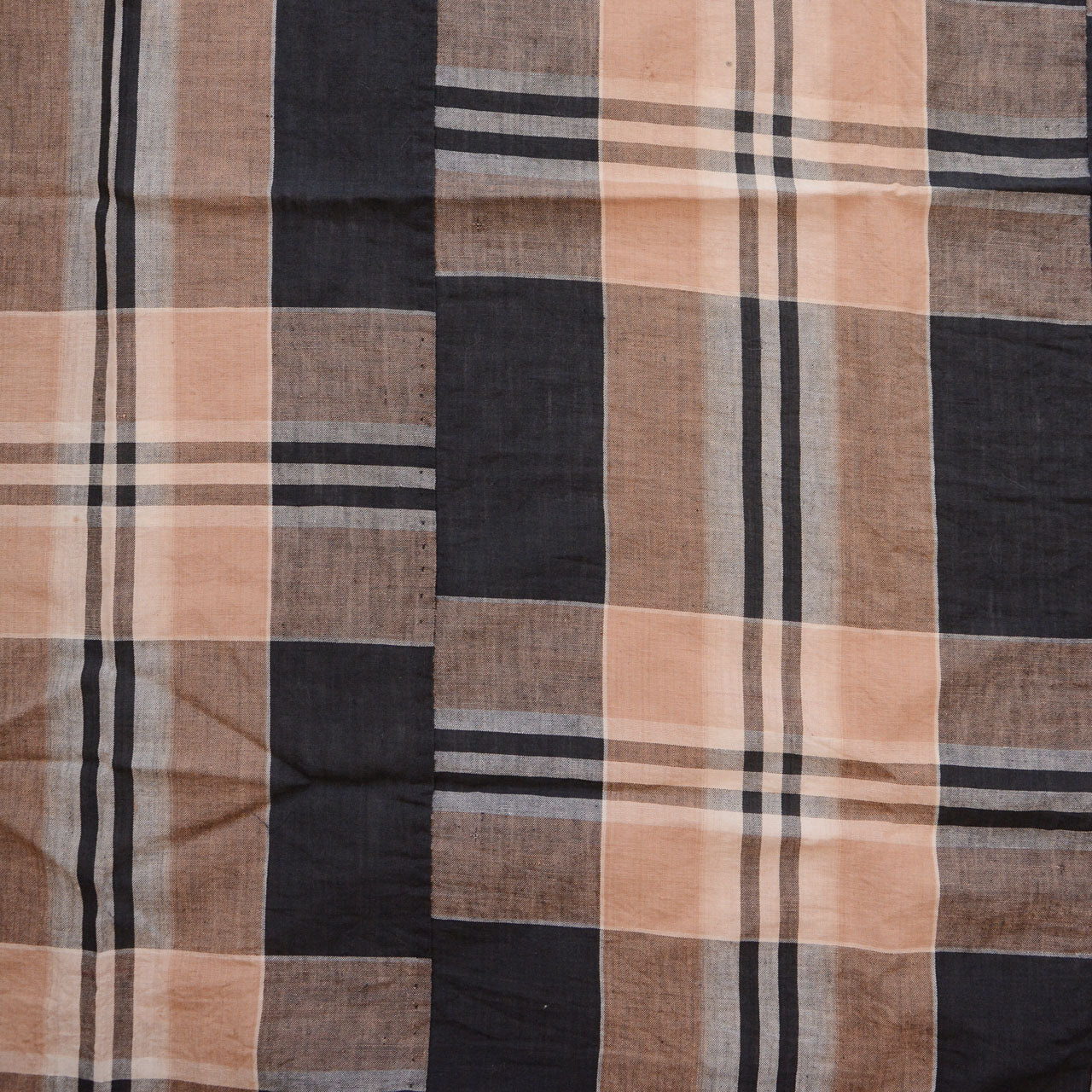 Vintage Japanese cotton futon cover fabric, bold large-scale check textile design, black camel and beige plaid pattern, Showa era