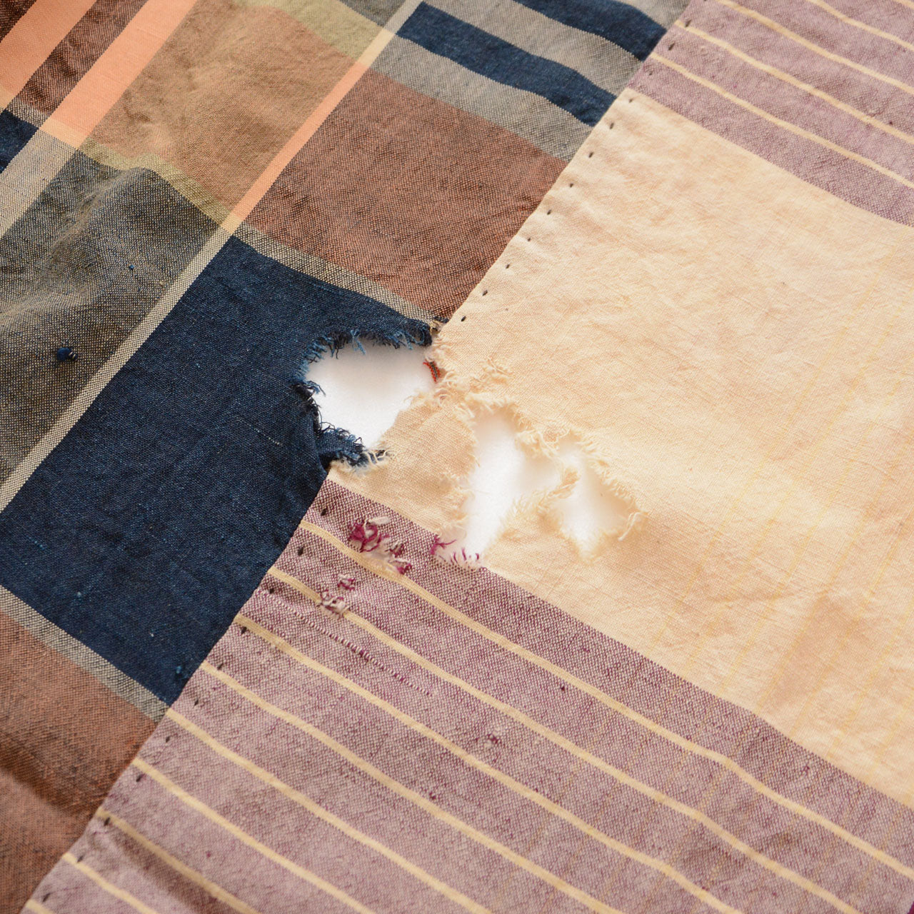 Japanese antique plaid cotton fabric, natural fading and patina