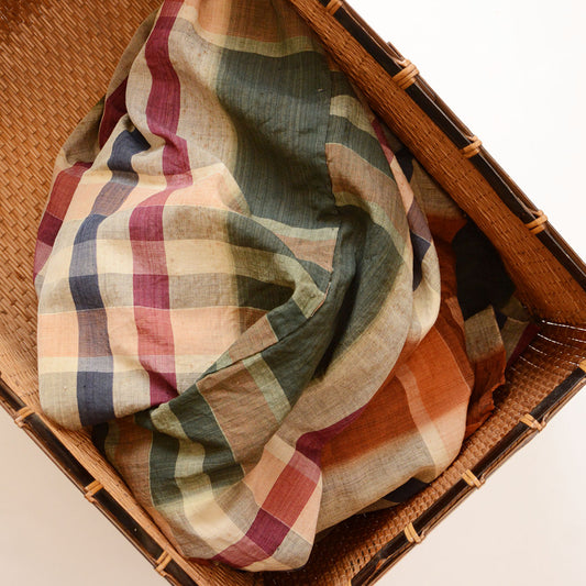 Japanese vintage cotton fabric, early Showa era, plaid weave in orange and green