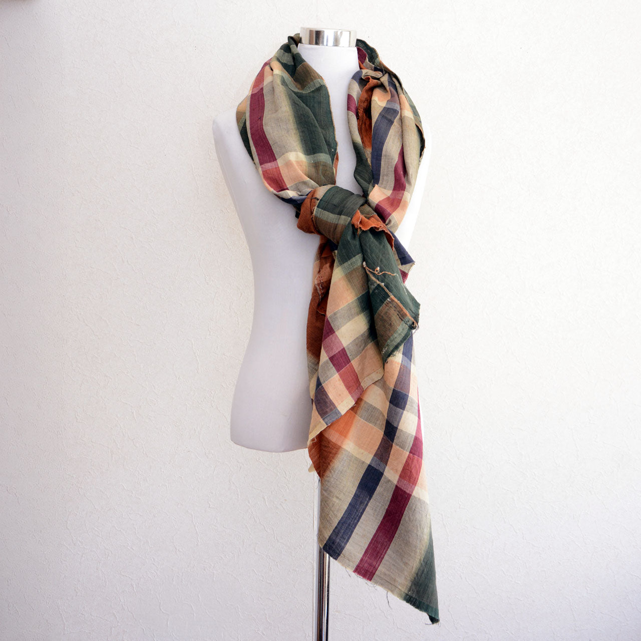 Japanese fabric vintage, cotton plaid, orange green, remake material