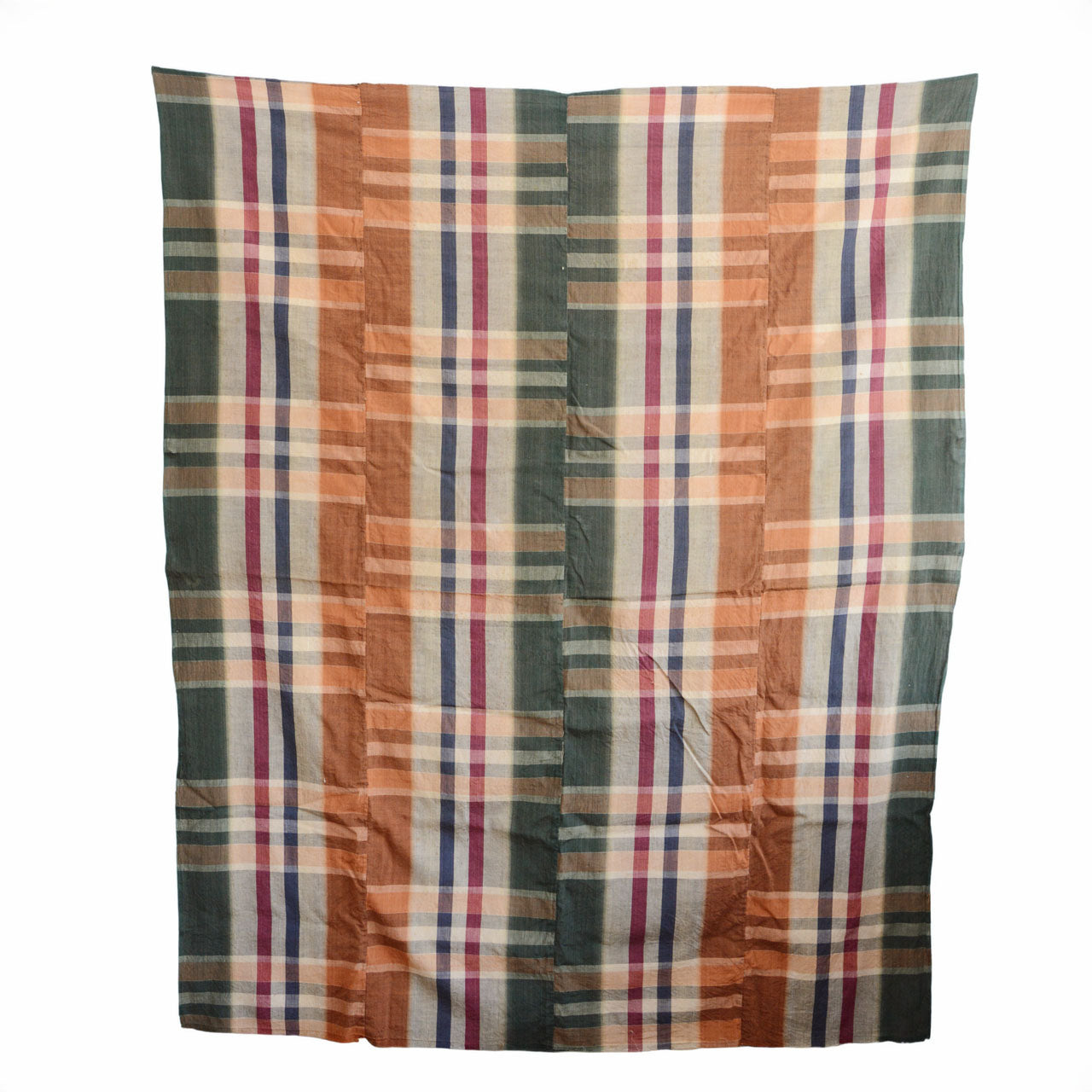 Japan vintage textile, handwoven cotton plaid, orange and green