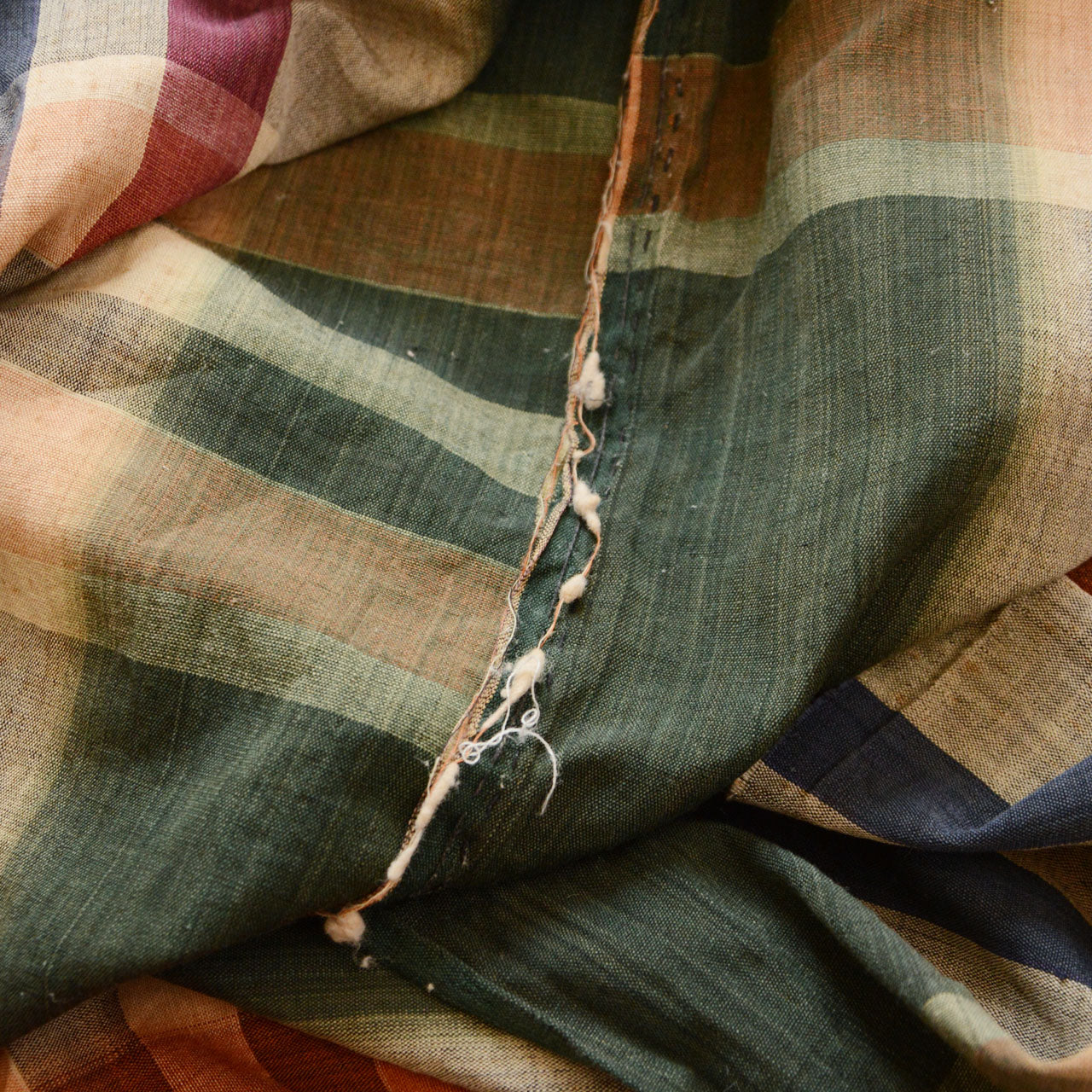 Early Showa era Japanese fabric, plaid check, natural cotton, aged patina
