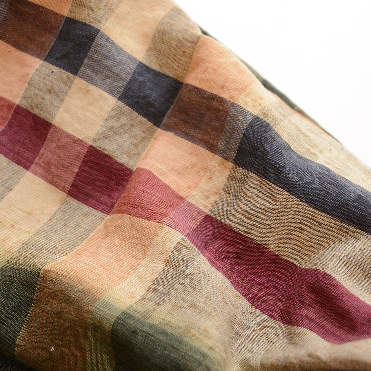 Vintage Japanese cotton textile, orange green multicolor plaid, Showa period