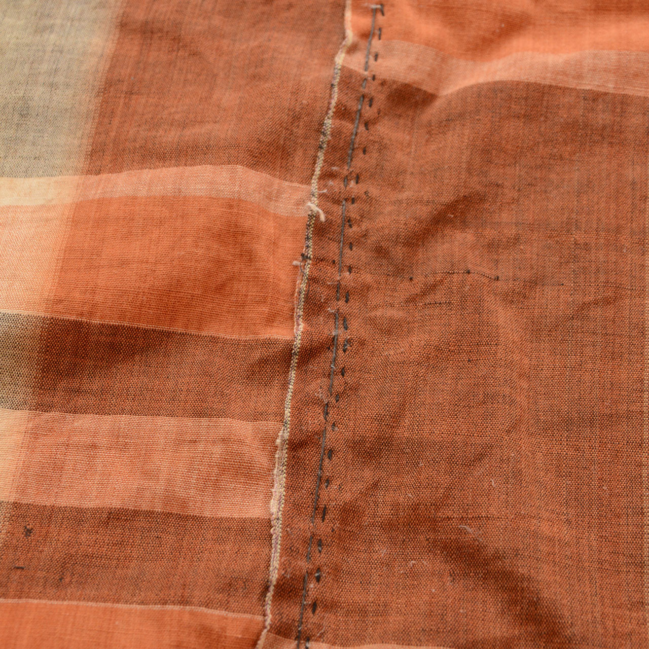 Japanese antique fabric, handwoven plaid, warm orange and green tones