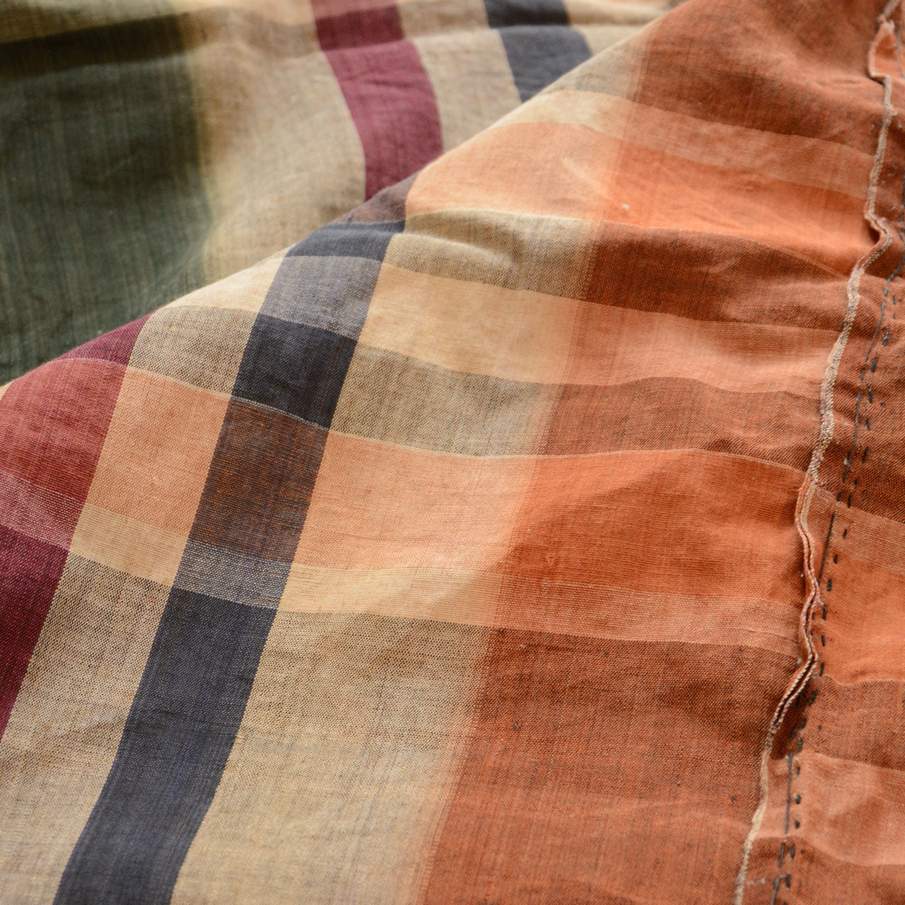 Vintage Japanese futon cotton fabric, plaid pattern, natural aging