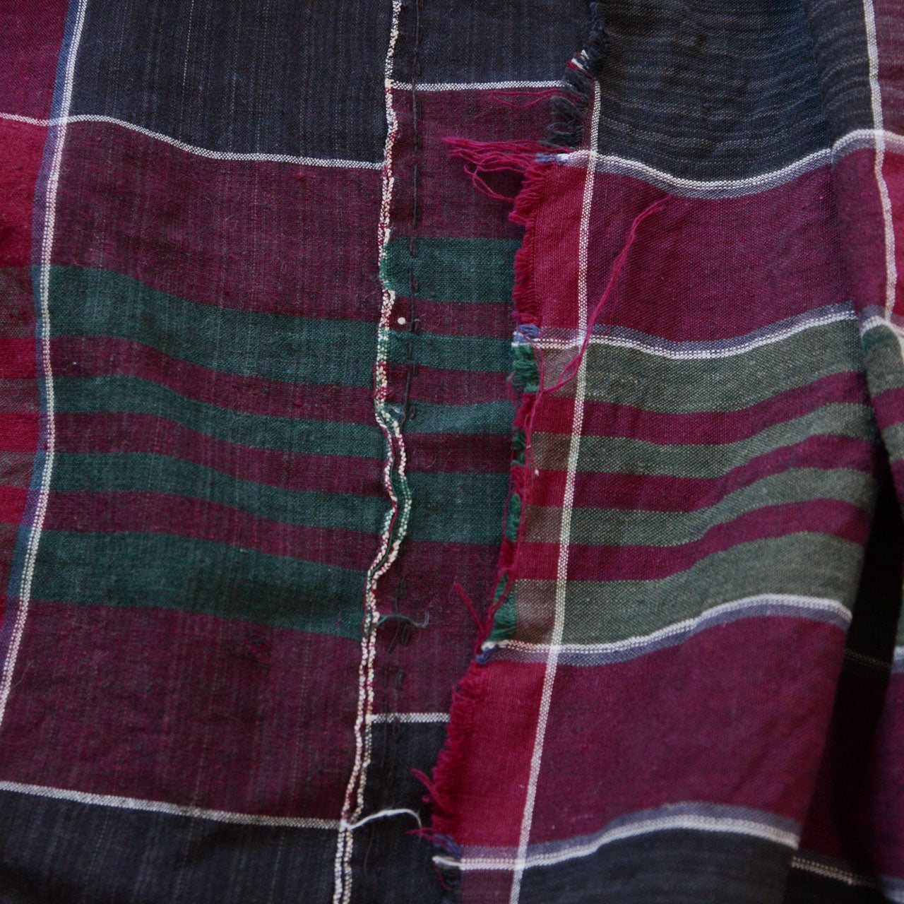 Antique Japanese futon cover fragment, hand-woven cotton, plaid pattern