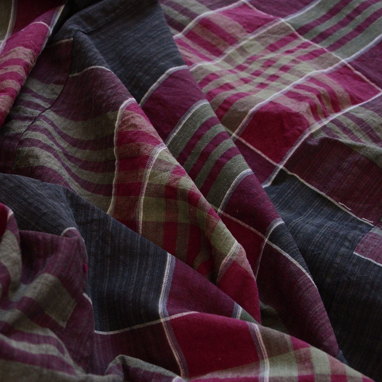 Hand-woven Japanese cotton textile, vintage plaid pattern, mid-20th century