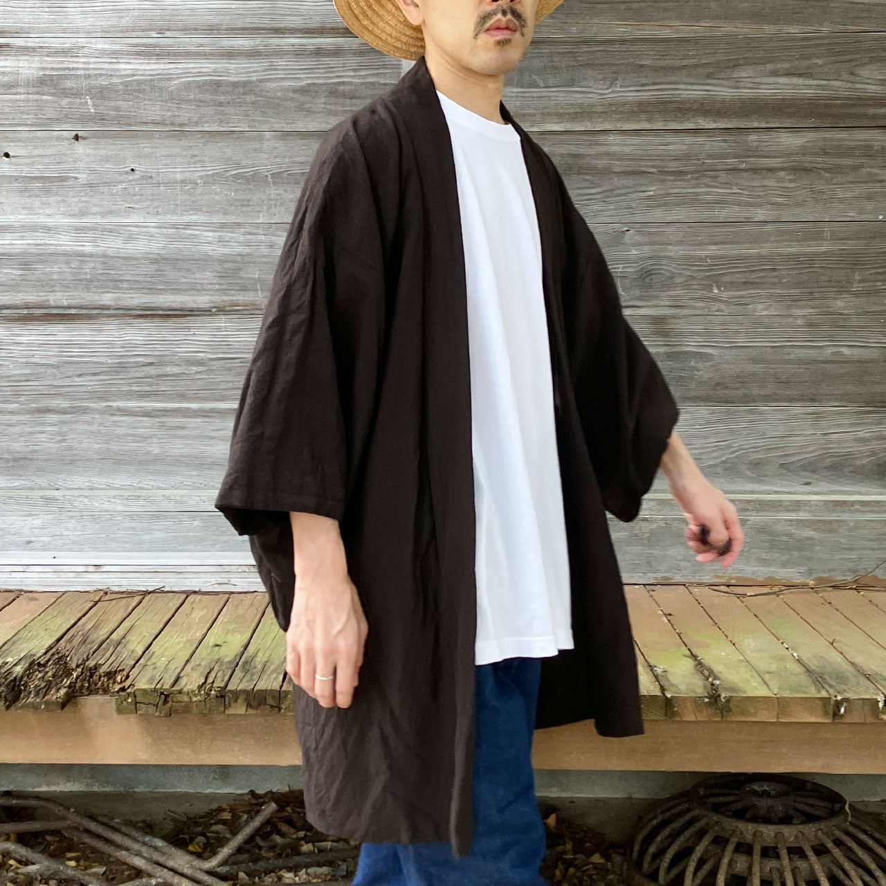 Brown plaid men’s haori jacket styled for daily wear
