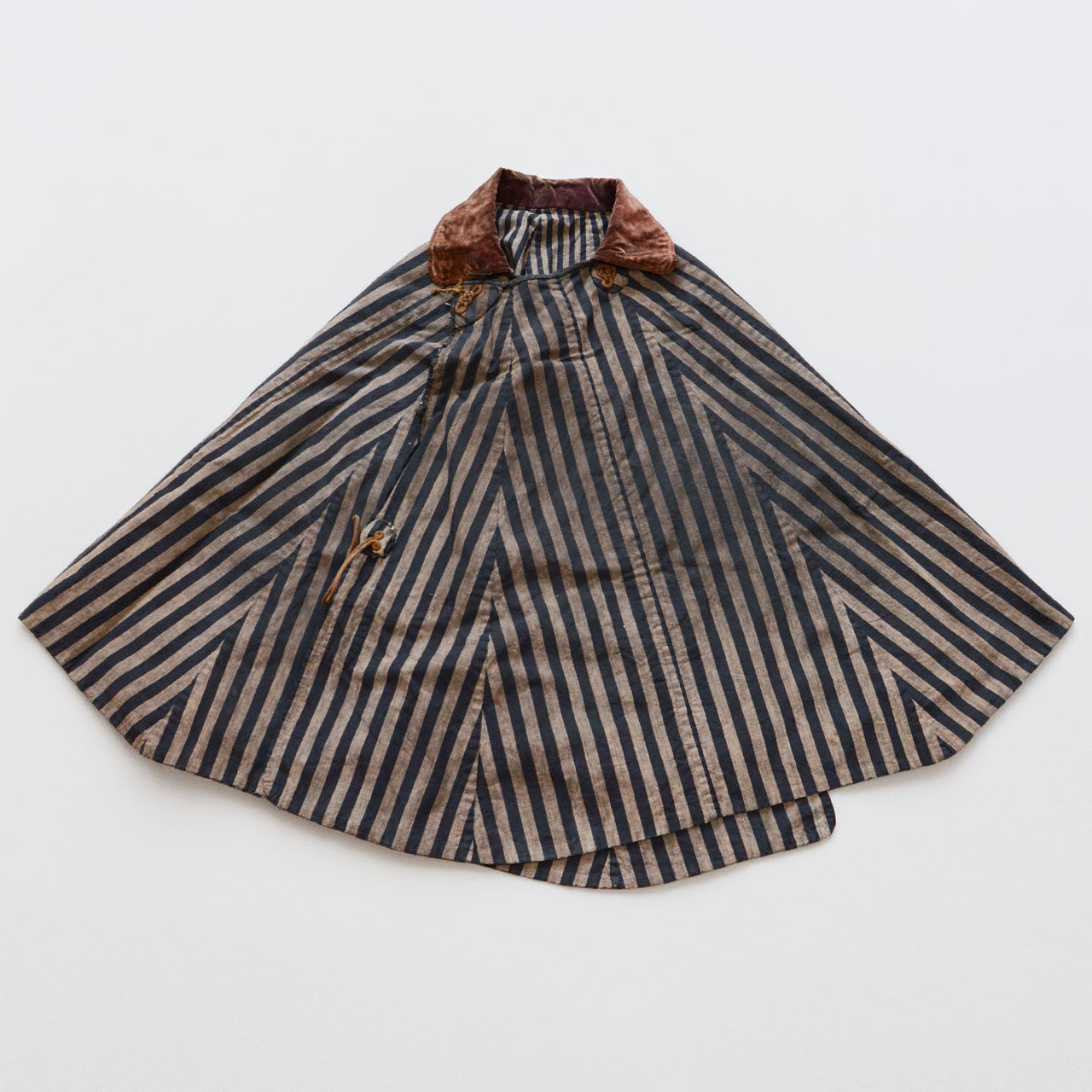Japanese dochu-kappa travel cape, vertical stripe cotton, brown collar, full-circle silhouette, Taisho to early Showa era, Japan vintage, front view