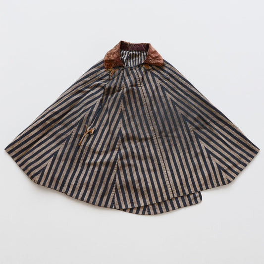 Japanese dochu-kappa travel cape, vertical stripe cotton, brown collar, full-circle silhouette, Taisho to early Showa era, Japan vintage, front view