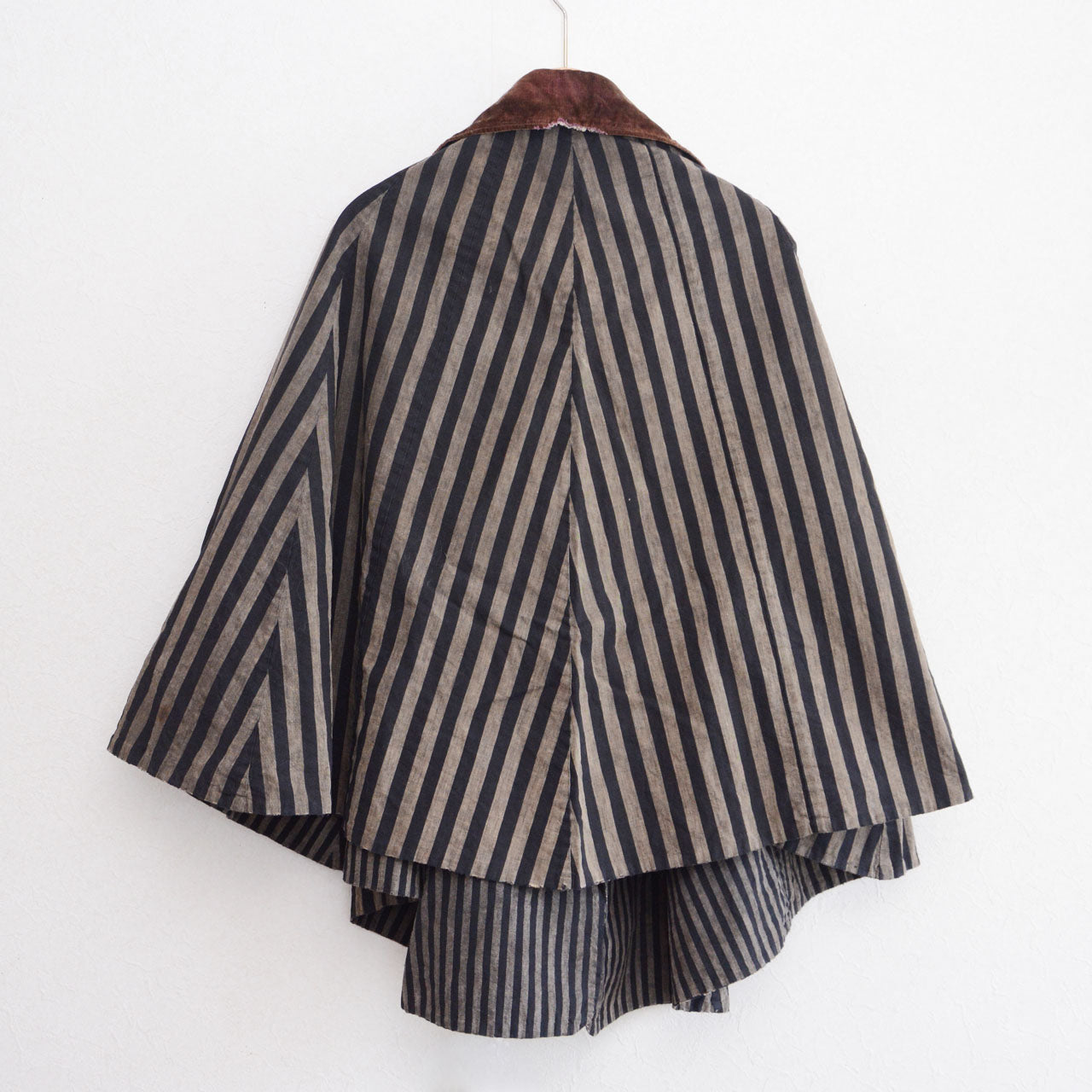 Japanese dochu-kappa travel cape, vertical stripe cotton, Taisho to early Showa era, Japan vintage, back view on hanger