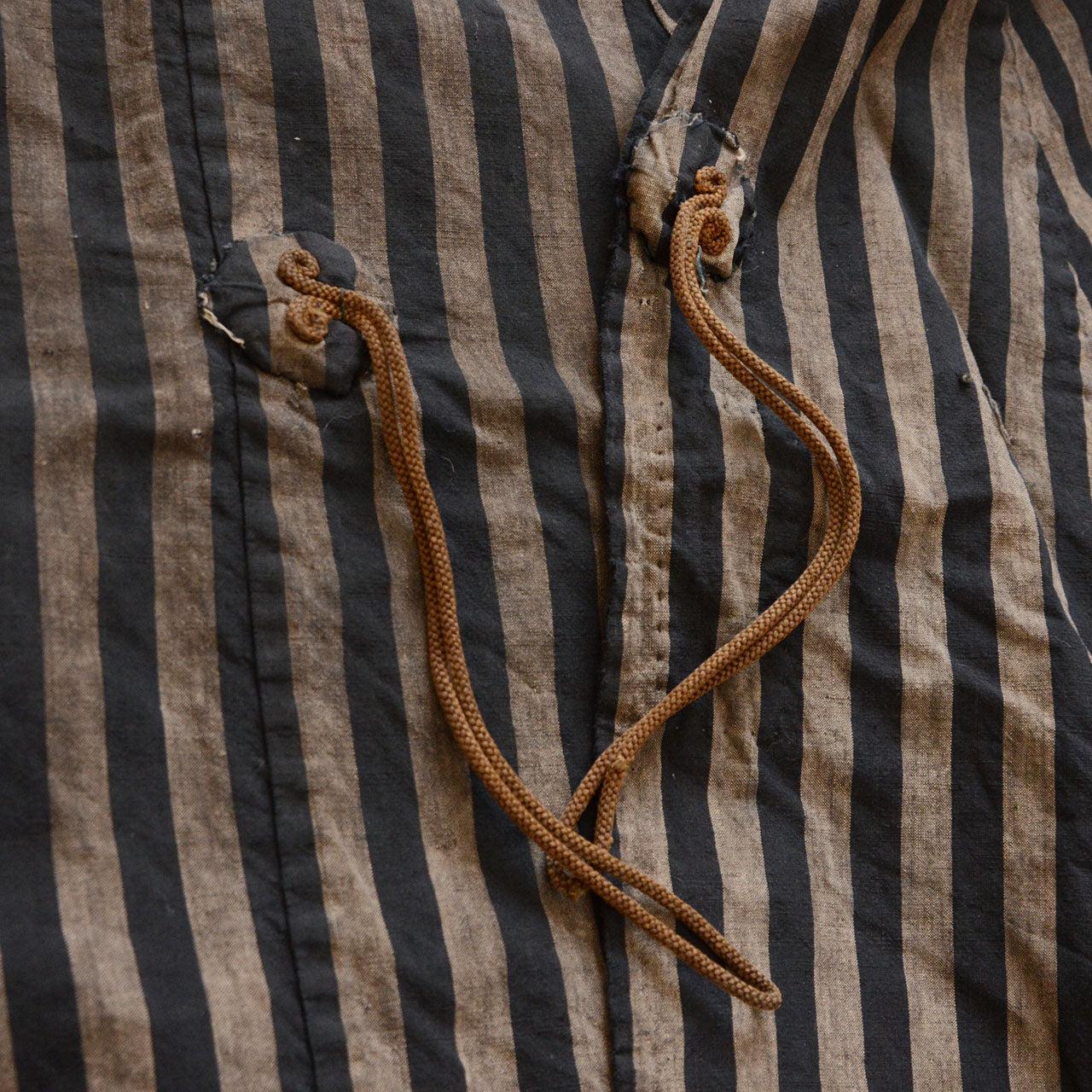 Japanese dochu-kappa travel cape, fastener cord detail, cotton tie, Taisho to early Showa era, Japan vintage