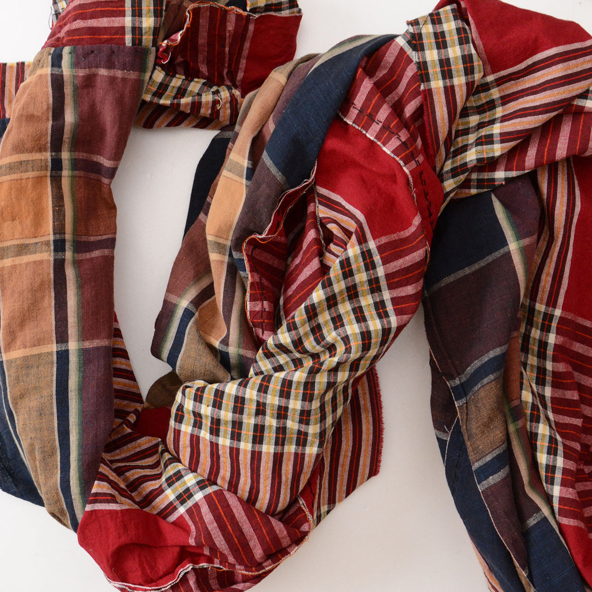 Joined red, indigo, brown, and beige plaid Japanese vintage cotton fabric