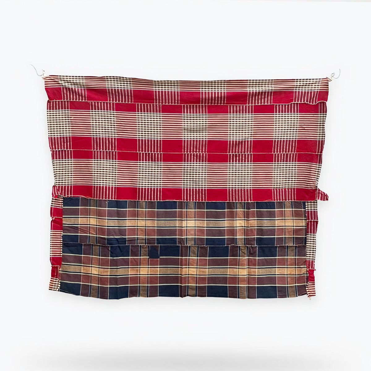Red and indigo checkered Japanese vintage cotton cloth with joined panels and visible repairs