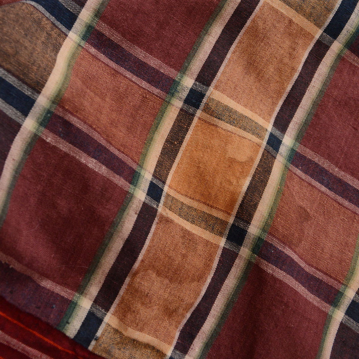 Brown, red-brown, and indigo checkered Japanese vintage cotton fabric