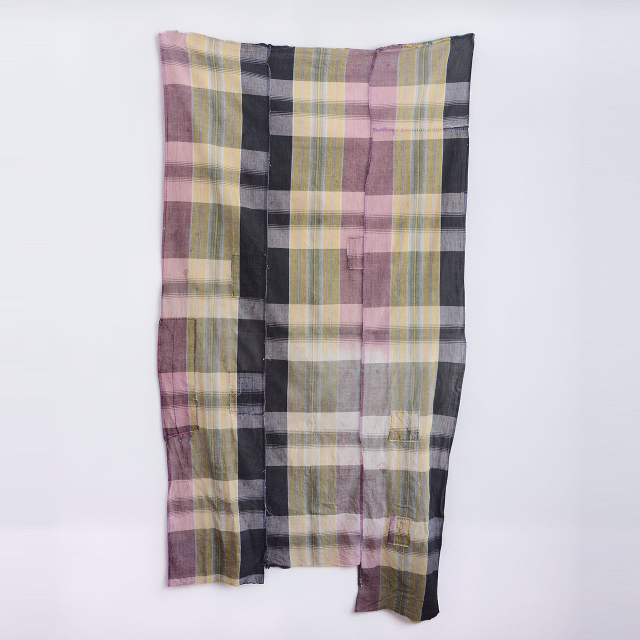 Japanese vintage cotton plaid unstitched fabric, reverse side with hand-sewn repair patches, Showa era boro textile