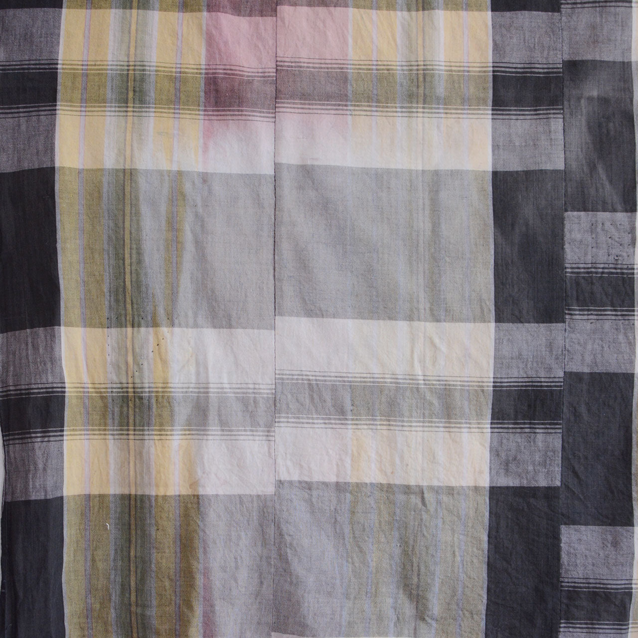 Japanese vintage cotton plaid fabric close-up, multicolor check weave texture, Showa era cotton