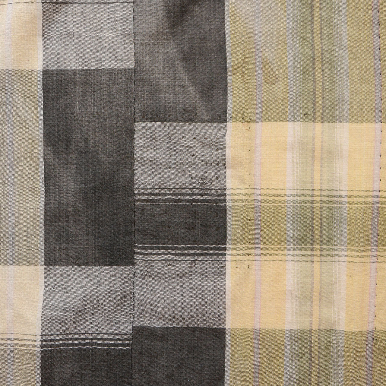 Japanese vintage cotton plaid fabric, reverse side large boro patchwork repair, dark and yellow cotton contrast, Showa era