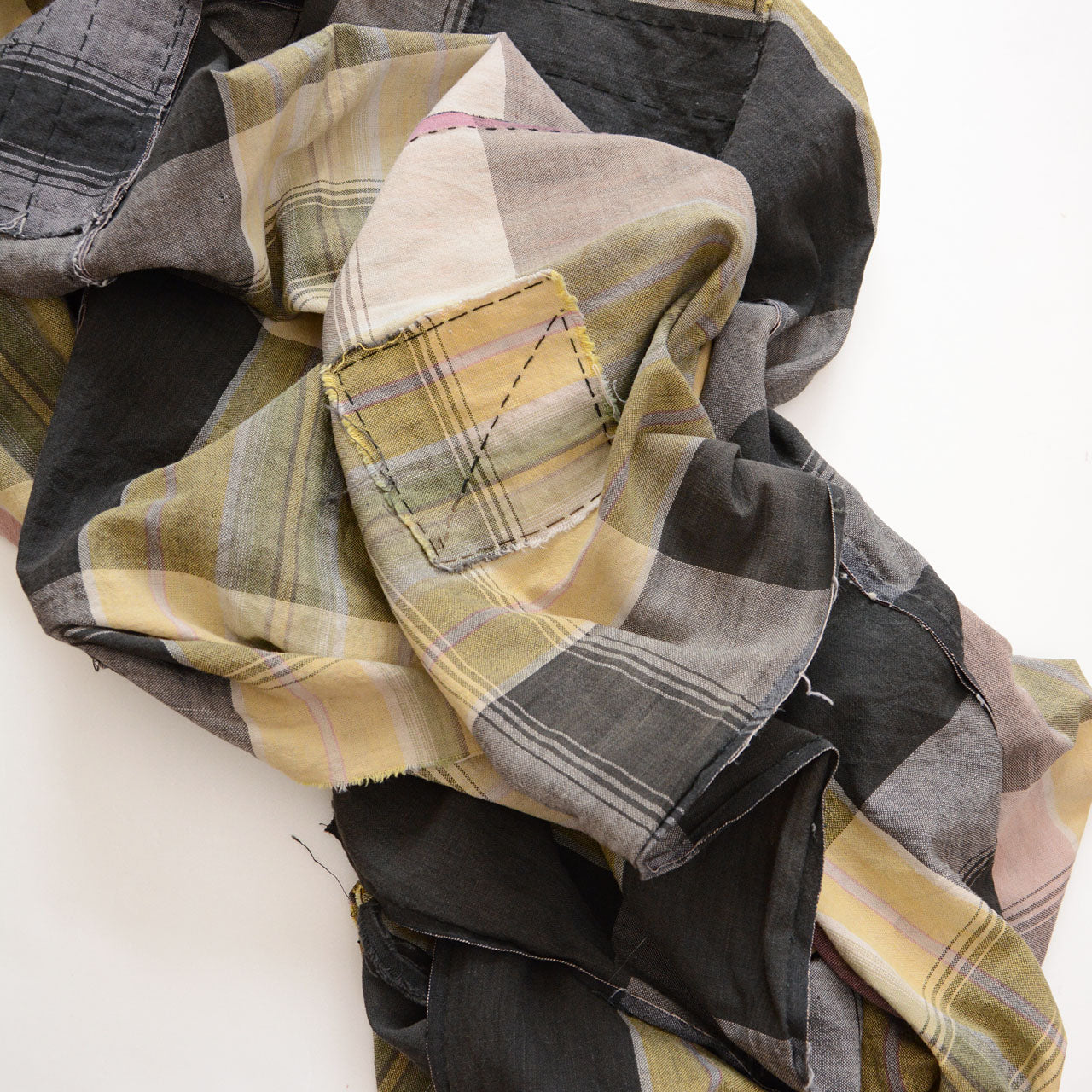 Japanese vintage cotton plaid boro fabric, bundled view showing full volume and patchwork repairs, Showa era