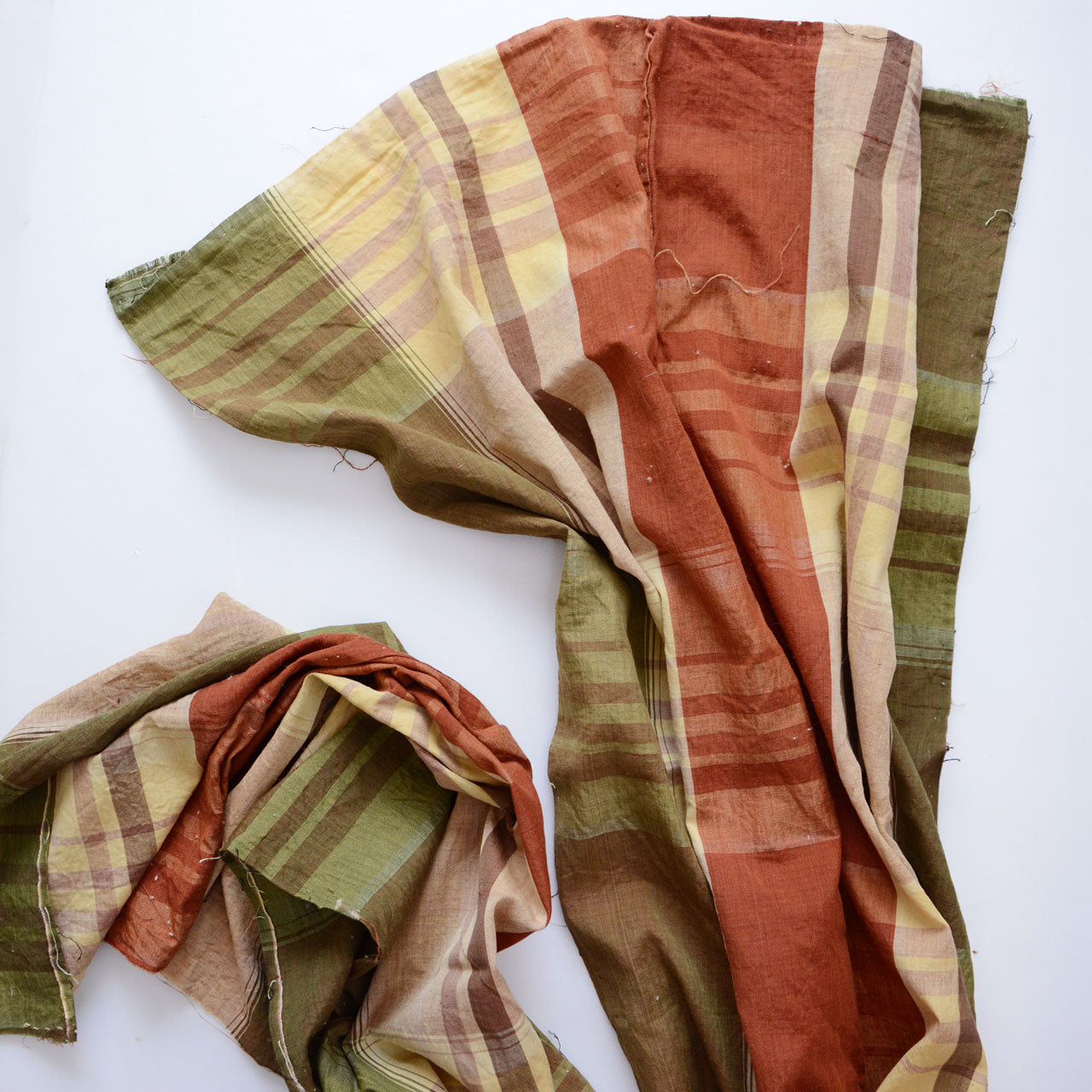 Japanese vintage cotton fabric, rust red and olive green plaid, Showa era, unstitched futon textile, draped to show texture and hand