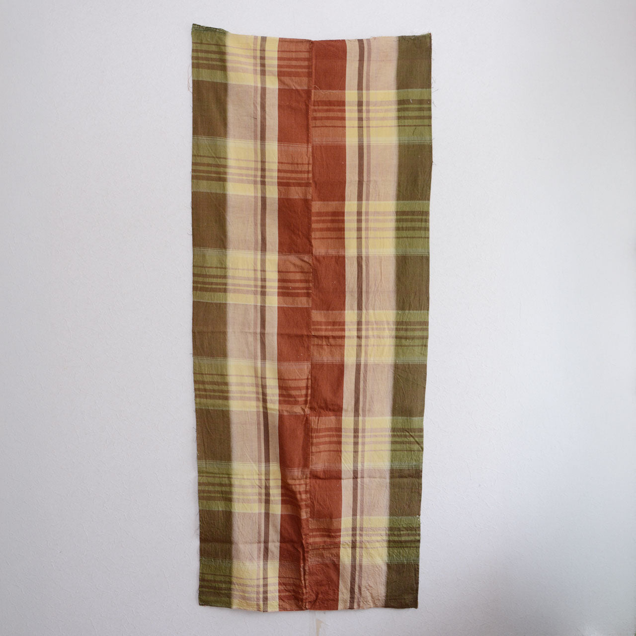 Japanese vintage cotton fabric, rust red and olive green plaid, Showa era, unstitched futon textile, 68×168cm, front