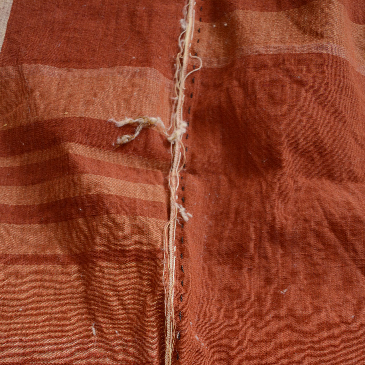 Japanese vintage cotton fabric, unstitched futon textile, Showa era, needle hole trace and remaining thread along seam line