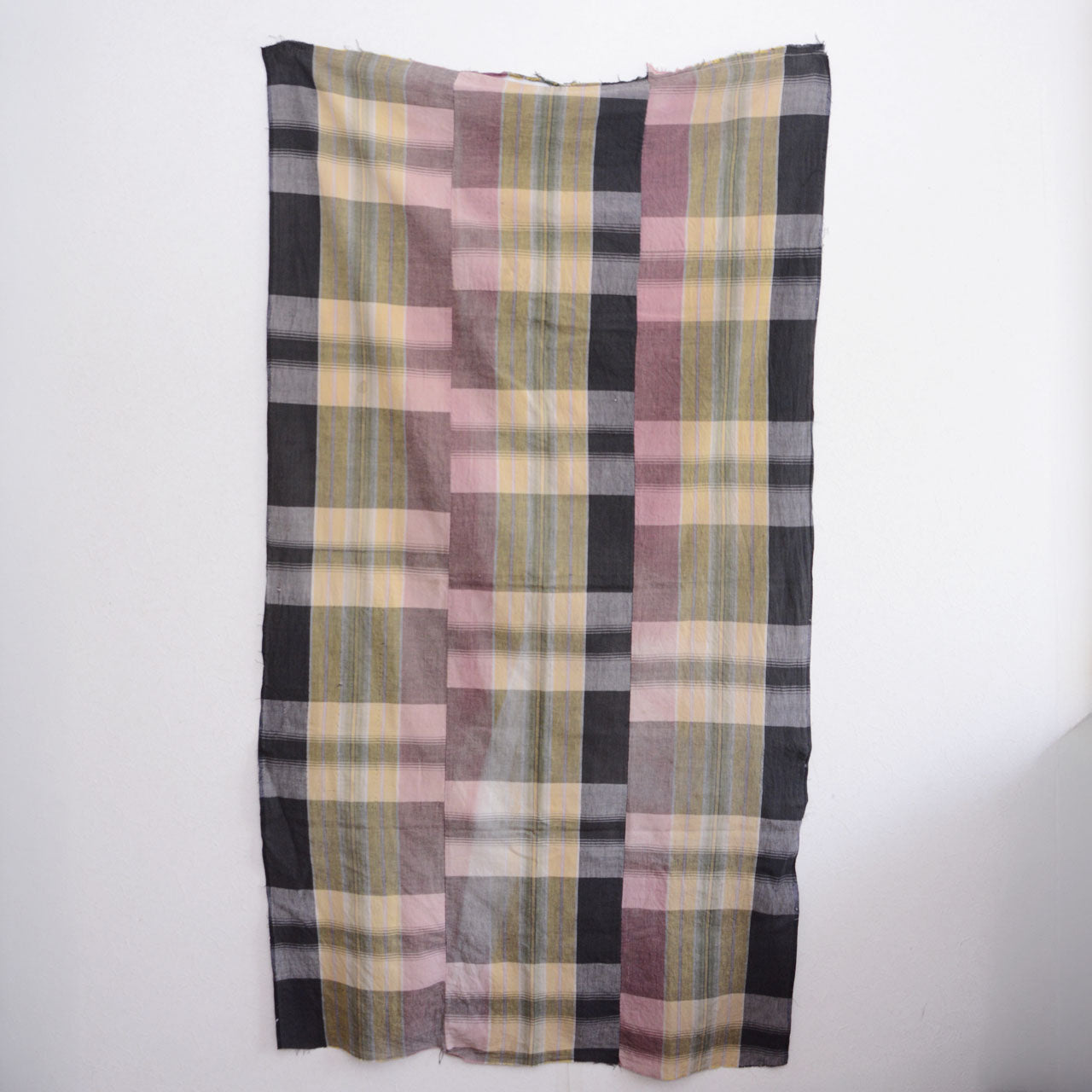 Full front view of vintage Japanese cotton fabric, displayed on wall — plaid check pattern, early-to-mid Showa era cotton