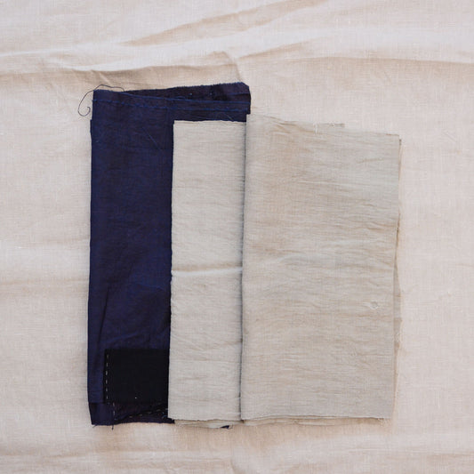 Plain-weave Japanese antique cotton fabric, natural undyed and navy, set of three pieces