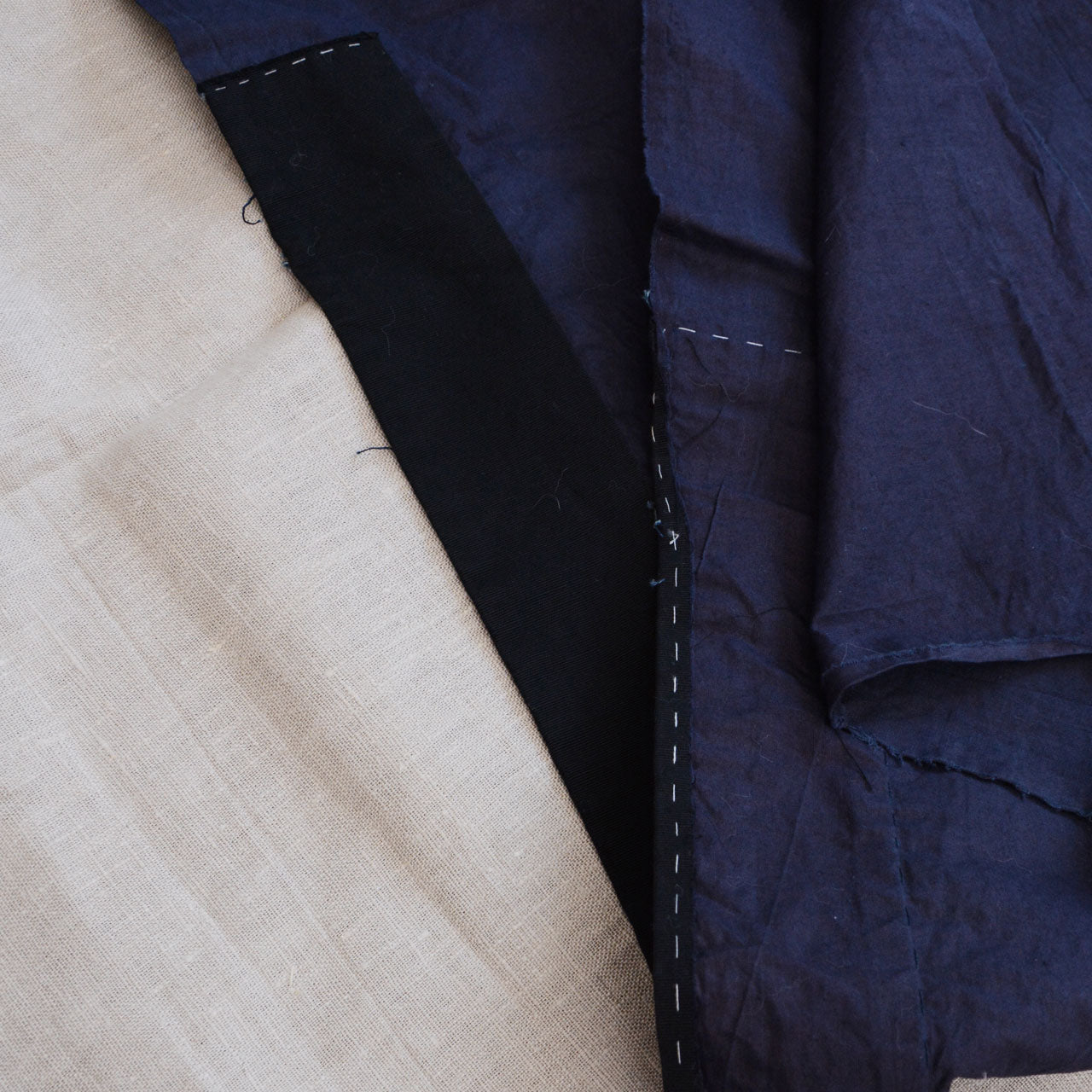 Japanese momen cotton antique textile, natural and navy tones, slow fashion material