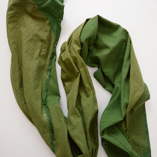 Japanese vintage cotton fabric, solid green, unstitched futon textile, Showa era, color variation and seam line visible, folded