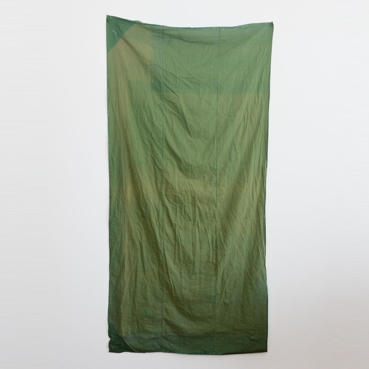Showa-era Japanese vintage cotton fabric, solid moss green, front side, natural fade and color variation across surface, beautifully aged antique cotton, boro material