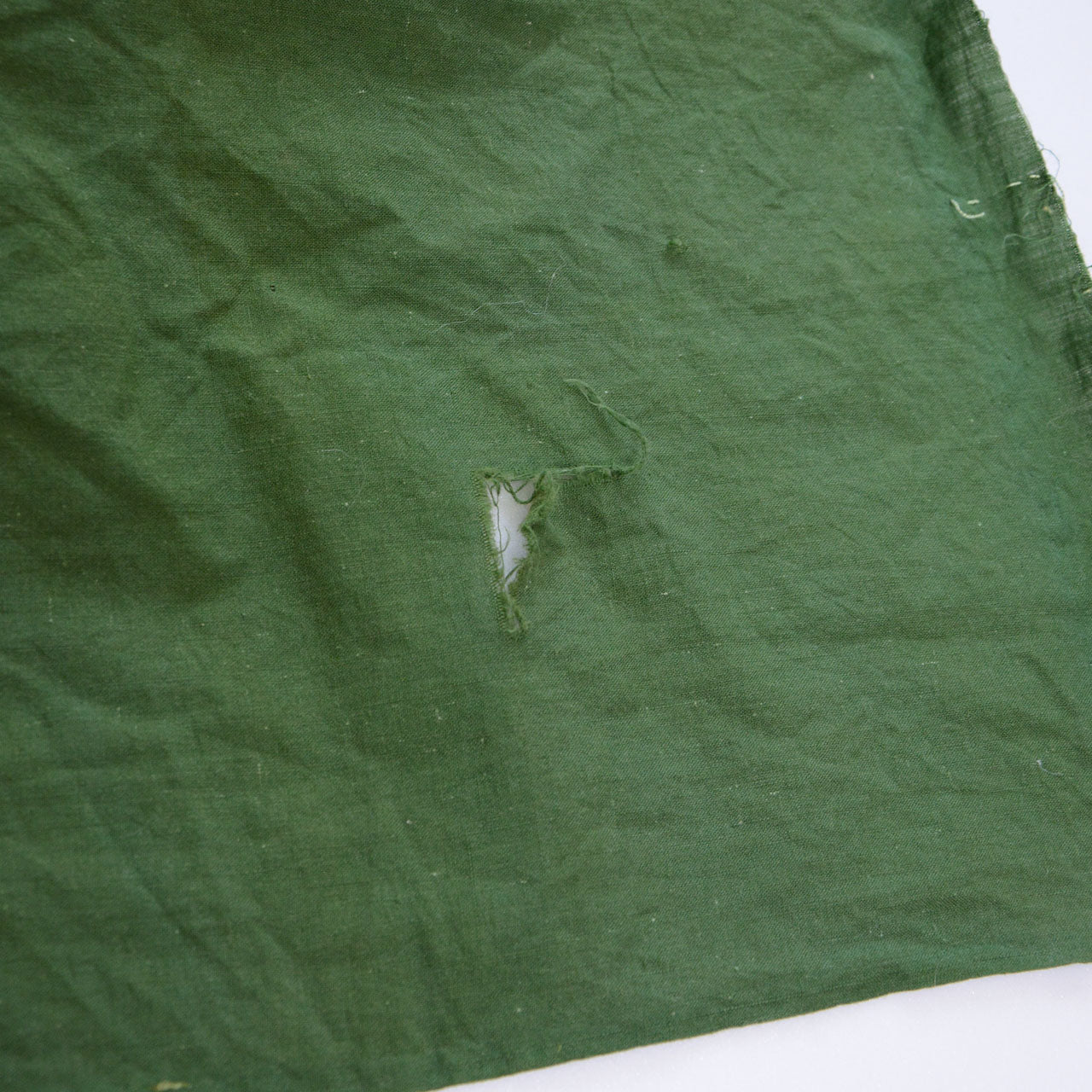 Showa-era Japanese vintage cotton fabric, solid moss green, torn hole damage, boro, antique Japanese cotton