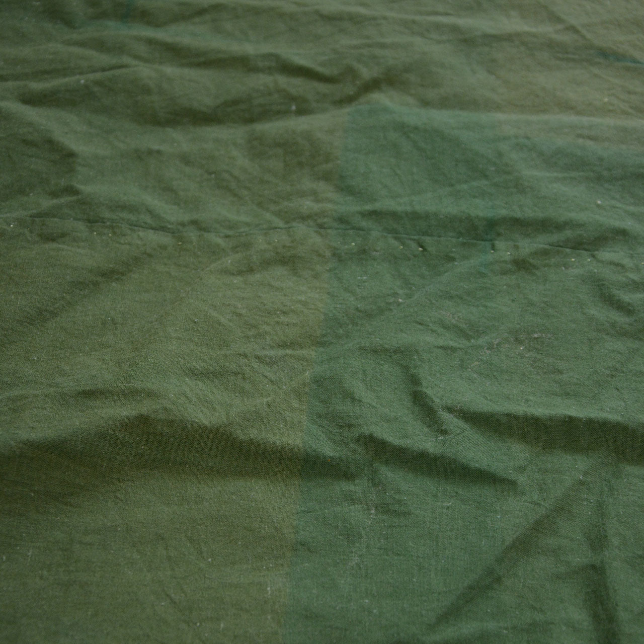 Showa-era Japanese vintage cotton fabric, solid moss green, close-up of fade boundary, natural color transition from aged moss green to lighter tone, antique Japanese textile
