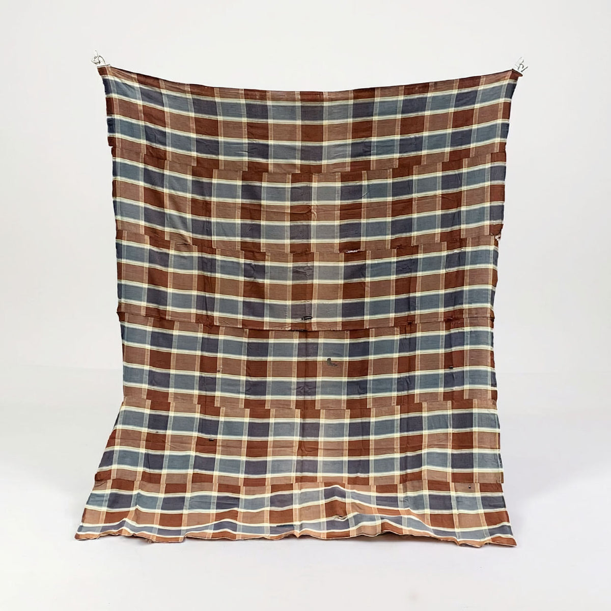 Japanese vintage checkered cotton fabric from the Taisho to early Showa period with joined sections and visible repair stitching