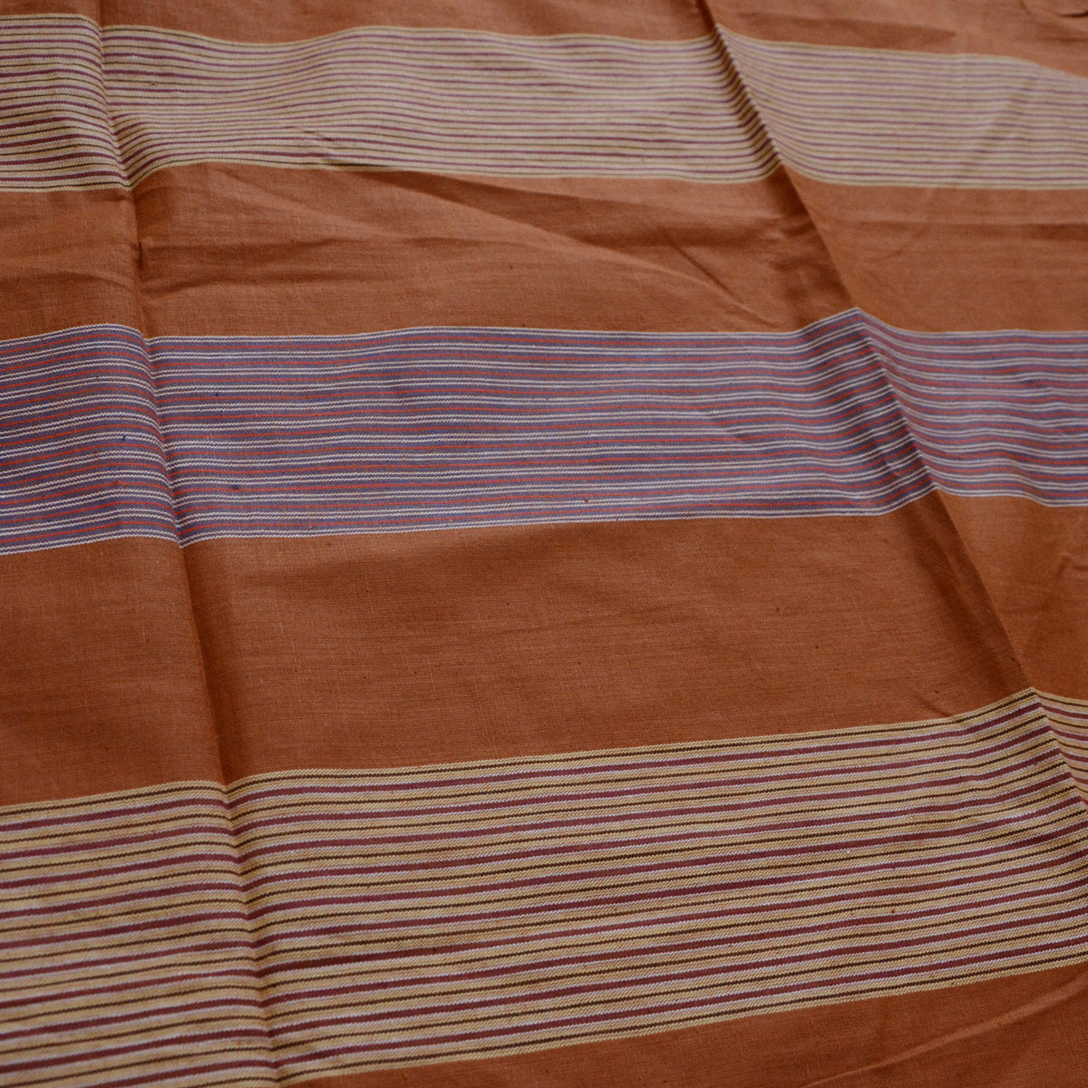 Brown cotton furoshiki with bands of pale and purplish fine stripes
