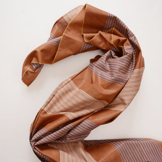 Vintage Japanese striped cotton furoshiki in warm brown with cream and muted purple bands