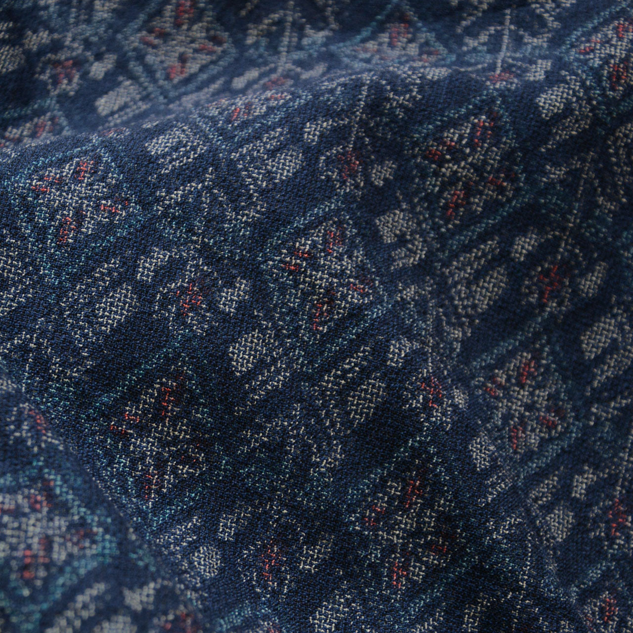Close-up of the woven texture of folded navy patterned kimono fabric