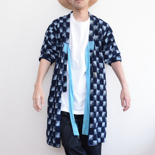 Vintage Japanese Indigo Kasuri Kimono Robe with Decorative Cord