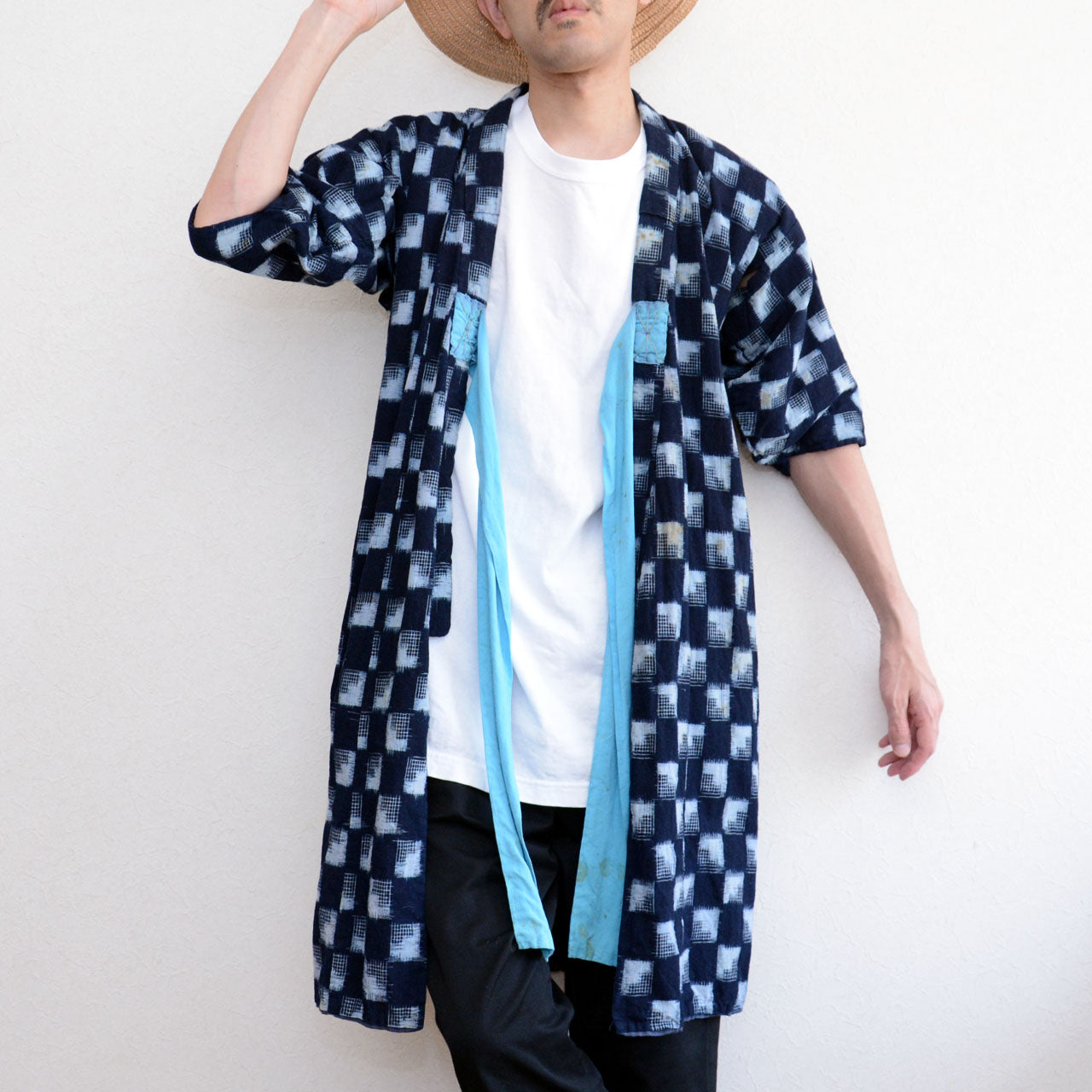 Antique Cotton Kimono Robe with Unique Indigo Patterns
