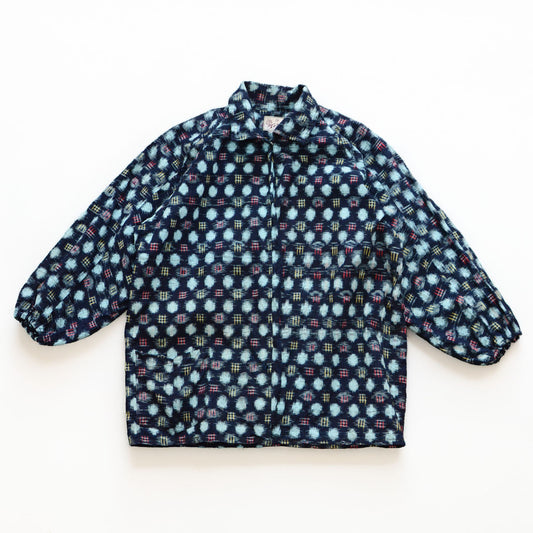 Mid-Showa Japanese vintage indigo kasuri shirt with light blue, red and yellow motifs