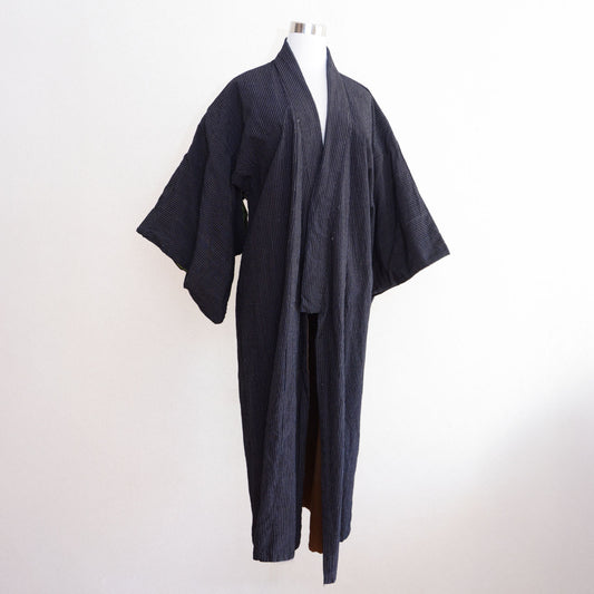 Vintage Japanese cotton kimono with indigo-dyed striped fabric