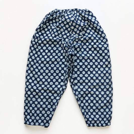 Vintage Japanese monpe in indigo-dyed kasuri cotton, mid-Showa era