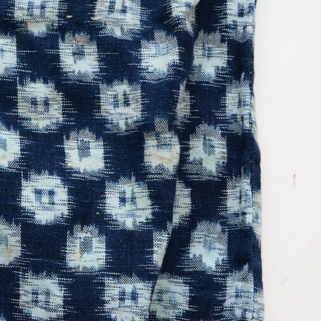 Hand-stitched Japanese work pants, indigo kasuri cotton, Showa era boro textile