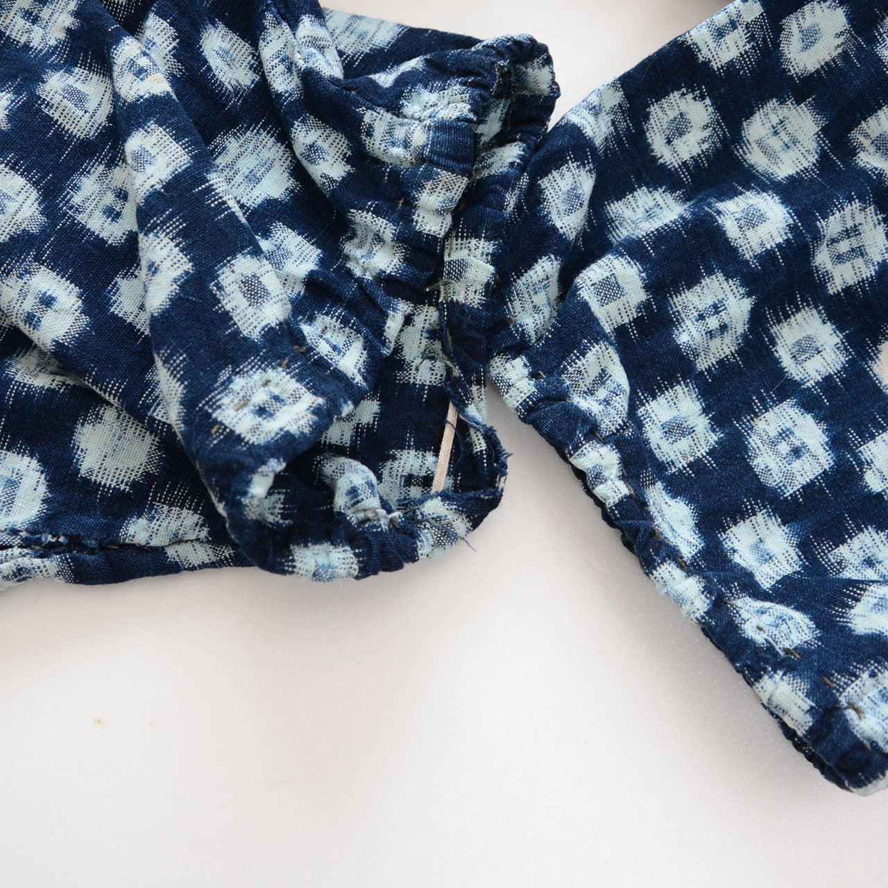 Japanese folk textile monpe, cotton kasuri weave, indigo dye, mid-20th century