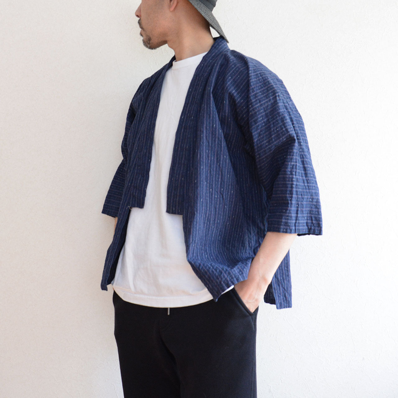 Vintage Japanese cotton short jacket with traditional stripes.