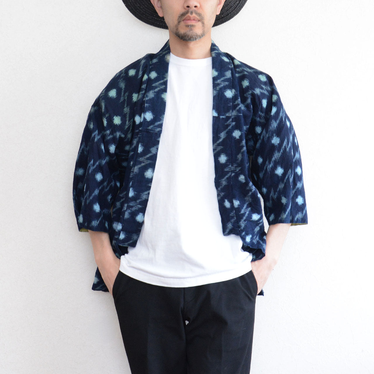 Japanese vintage indigo kasuri cotton noragi fabric