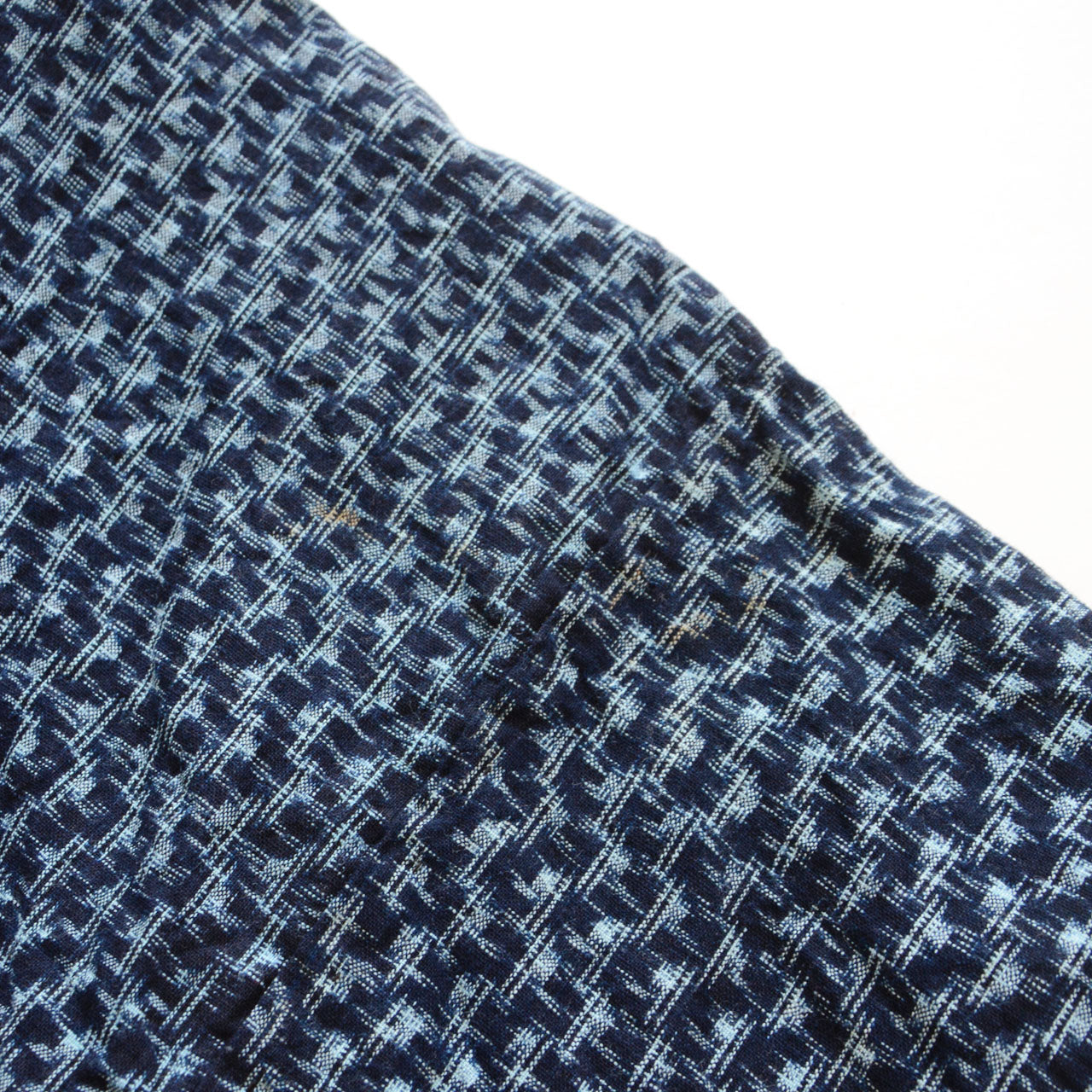 Kasuri noragi detail — aged indigo cotton fabric, Japan vintage handcraft material